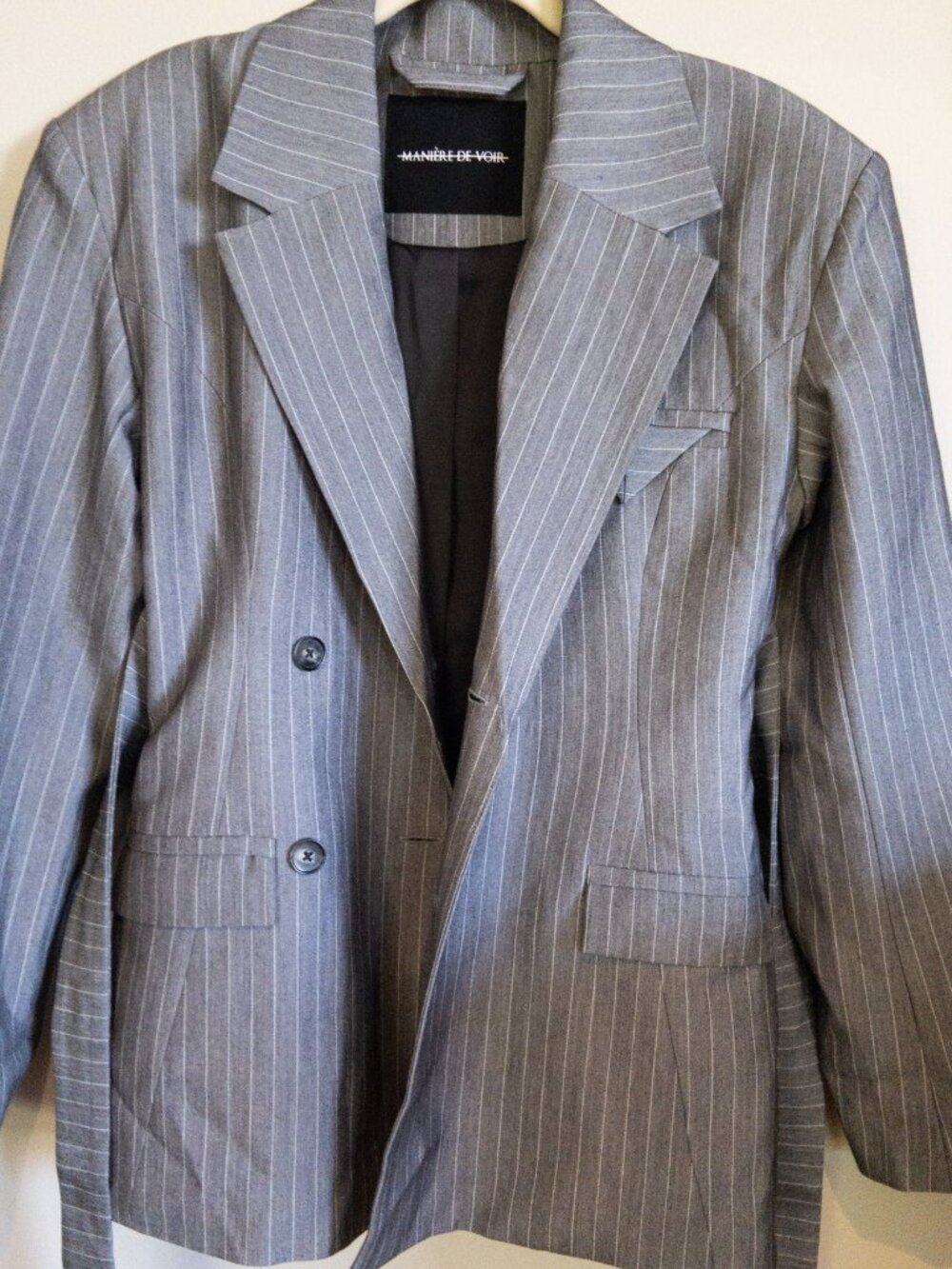 Manière de Voir Delphine Pinstripe Wrap Tie Blazer Black US 2 - Picture 6 of 9